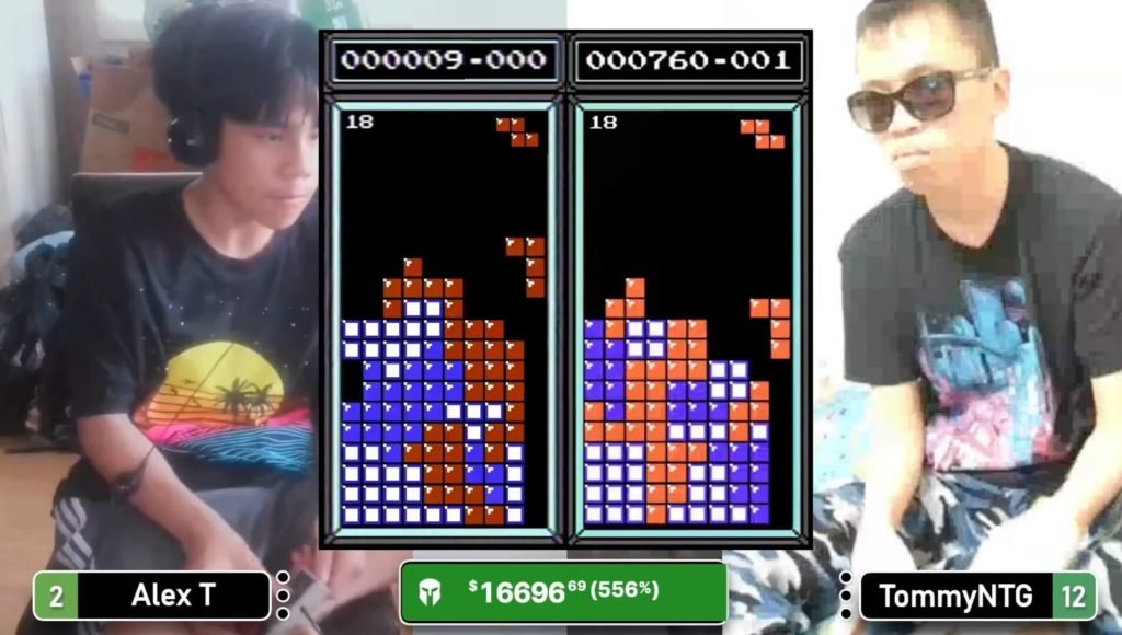 Alex T and TommyNTG compete in the 2023 Classic Tetris Monthly (CTM) Mega Masters Finals