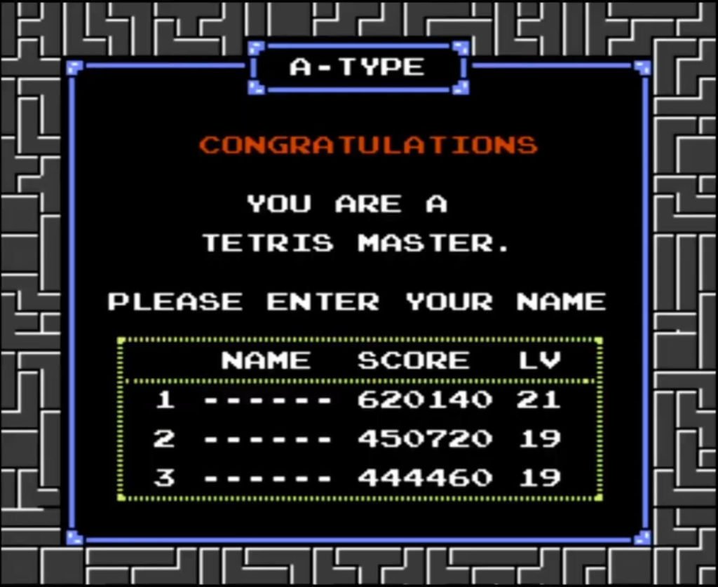 NES Tetris High Score Screen, reads "You are a Tetris Master."