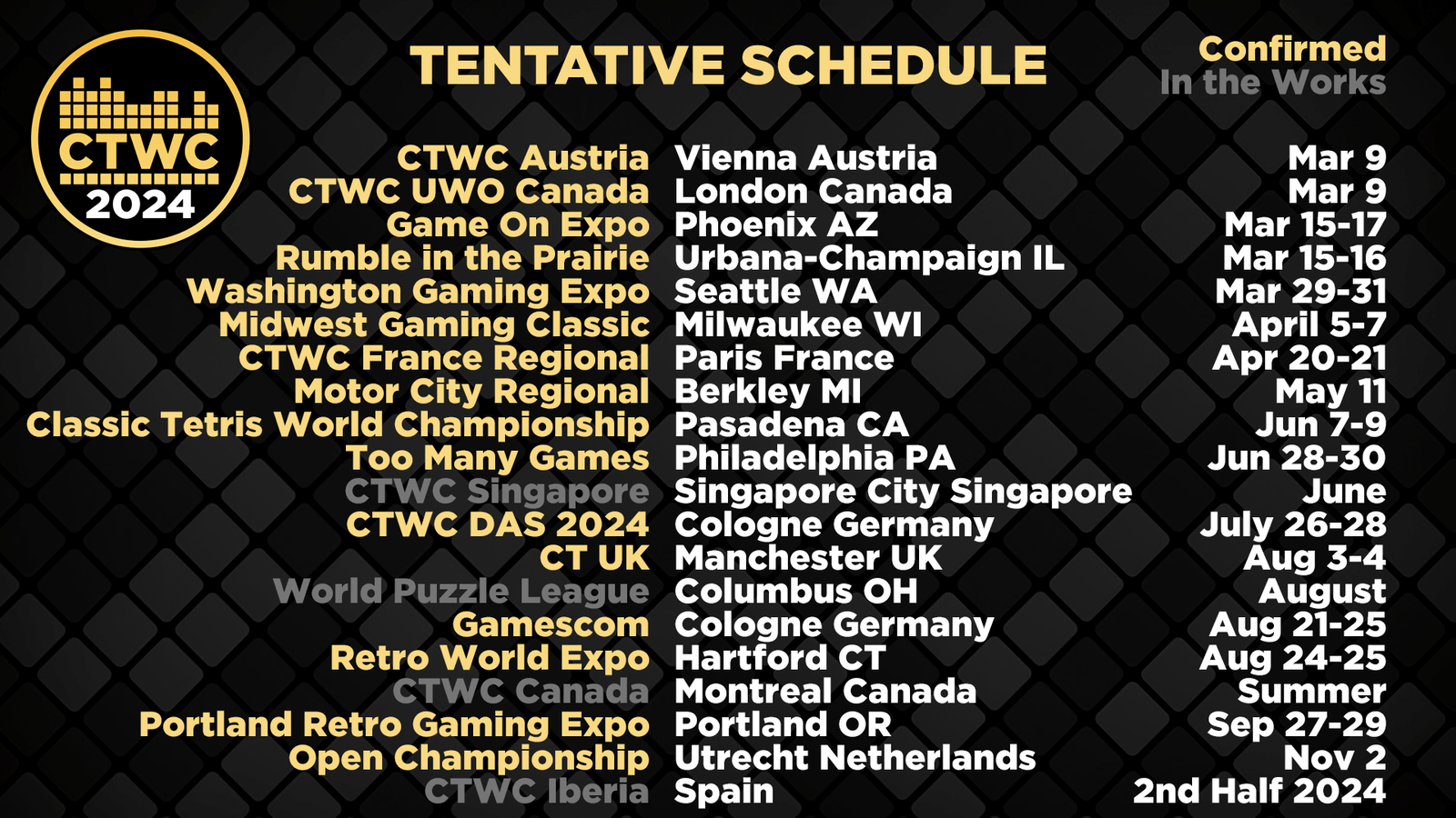 2024 Classic Tetris World Championship Regional Tournament Dates